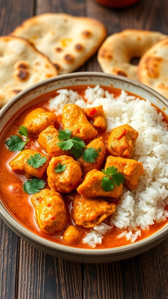A bowl of spicy chicken curry with chicken pieces in coconut sauce, garnished with cilantro, served with rice and naan.